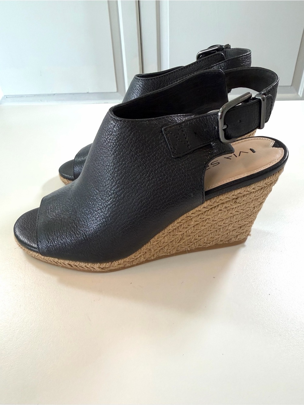 Via Spiga Ingrid Black Leather Espadrille Wedge Sandals US 7